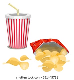 Potato chips in a red bag and a drink on a white background.
