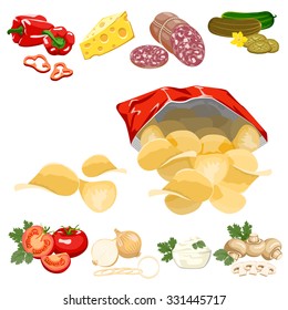 Potato chips in a red bag and ingredients on a white background.