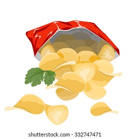 Potato chips in a red bag on a white background.