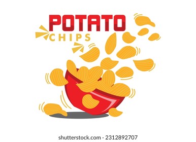 potato chips with red bowl crispy potato chips flying and falling vector illustration isolated on white background suitable for banner, advertising, packaging design