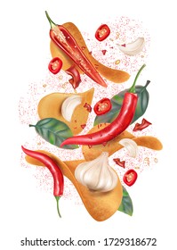 Potato chips with red chili pepper, garlic flavor design elements. Vector realistic 3D illustration.