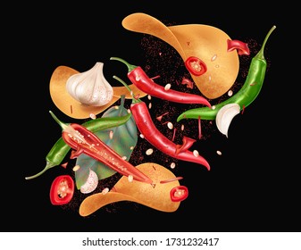 Potato chips with red chili splashing and green chili pepper, garlic flavor design elements. Vector realistic 3D illustration.