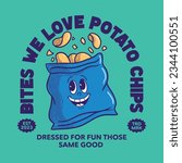 Potato Chips retro mascot cartoon. snack vector illustration with type bites we love potato chips, perfect for t-shirt design, poster, sticker, logo brand and etc.