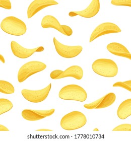 Potato chips seamless pattern. Crispy snack, potato in the form of crispy plates fried in vegetable oil. Snack chips vector background close-up.