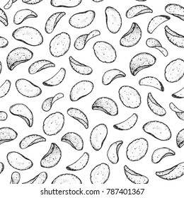 Potato chips seamless pattern.  Hand drawn vector illustration. Food background, engraved style. Linear graphic.