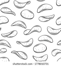 Potato chips seamless pattern, outline vector background. Crispy snack, potato in the form of crispy plates fried in vegetable oil. Hand drawn snack chips close-up.