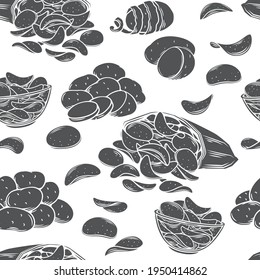 Potato chips seamless pattern vector monochrome glyph isolated background. Crispy snack, package, bunch of chips and potatoes food illustration in engraved style.