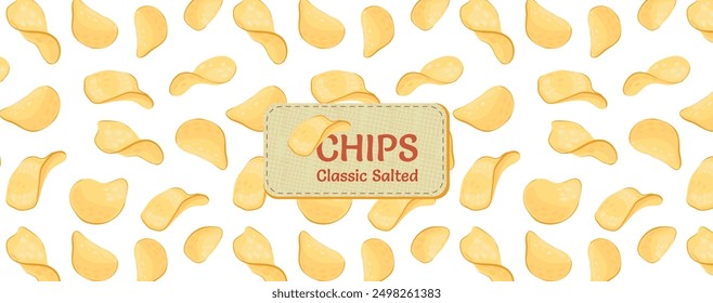 potato chips seamless pattern. Vector Label for classic salted chips. Background for packaging, advertising, decor.