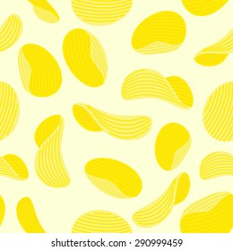 Potato chips seamless pattern. Vector background of food. Fried potatoes fried. Corrugated golden chipsd.