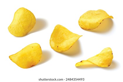 Potato chips set isolated on white background. Vector realistic illustration of fast food snack lying with shadow on surface, crispy fried or baked vegetable meal, spicy appetizer, salty oval slices