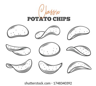 Potato chips set outline vector illustration. Crispy snack, potato in the form of crispy plates fried in vegetable oil. Snack chips collection close-up.