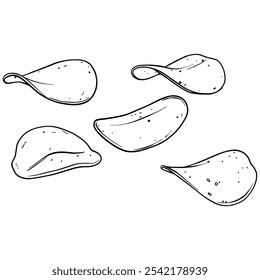 Croquis de patatas fritas. Aperitivos voladores pintados con tintas negras. Ilustración vectorial dibujada a mano sobre fondo blanco. Imagen monocromática de comida rápida. Publicidad del aperitivo para el paquete