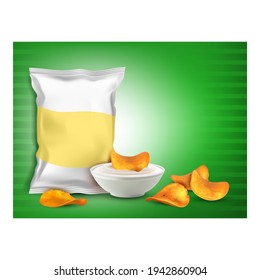 Potato Chips Snack kreative Promo Banner Vector. Chips, Mayonnaise in Bowl, Sauce Splash und Blank Bag Package auf elegantem Werbeplakat. Vorlage für ein ungesundes Eating-Konzept