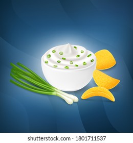 Potato chips with sour cream and green onion flavor, on blue background.