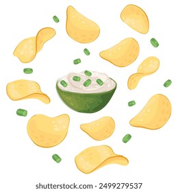 Patatas fritas con sabor a crema agria y cebolla verde. Comida rápida. Imagen de Vector para el empaquetado, menú, restaurante