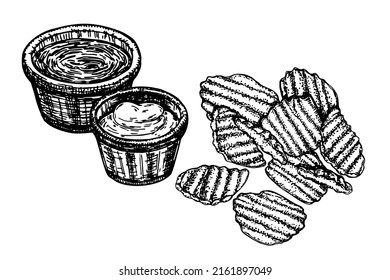 Potato Chips. Strokes Sketch on Chalkboard. Potato chips, ketchup and mayo in bowl. Fast food with sauce. For brand ad, packaging design. Isolated Vector for template, menu, poster, special offers