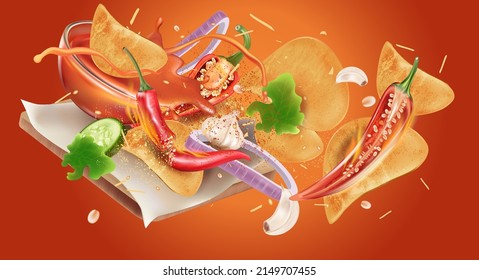 Potato chips with sweet chili powder splashing elements on solid color background. Vector realistic in 3D illustration. Food and Drink concepts.