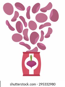 Potato chips taste of beets. Packaging, bag of snack on white background. Chip flying out from Pack. Food vector illustration.