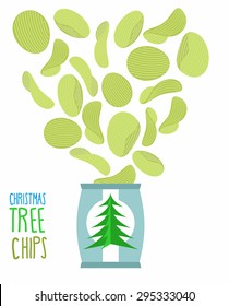 Potato chips taste of Christmas trees. Special meal for new year. Packaging, bag of chip on white background. snack flying out from Pack. Fantastic Delicacy. Food vector illustration