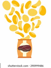 Potato chips with taste of fried steak. Packing snack and flying potatoes. On white background. Vector illustration