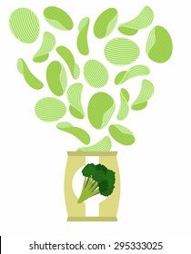 Potato chips taste like broccoli. Packaging, bag of snack on white background. Chip flying out from  Pack. Vegetarians  Food vector illustration.