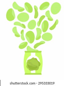 Potato chips taste like cabbage. Packaging, bag of snack on white background. Chip flying out from  Pack. Delicacy for vegetarians. Food vector illustration.