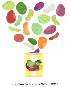 Potato chips taste of vegetables. Packaging, bag of chip on a white background. snack flying out from  Pack. Unusual Delicacy for vegetarians.  