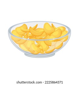 Potato chips in transparent glass bowl. Salty snack for beer. Plate of crispy snacks