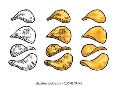 Potato chips. Vector engraving vintage color illustration. Isolated on white background. Hand drawn design element for label and poster