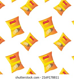 Potato Chips Vector Illustration Fries And Packs Seamless Pattern Chip Packaging On White Background Logo Symbol Design Poster Flyer Clothing Design Wrapping Paper