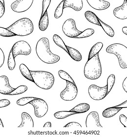 Potato chips vector seamless pattern. Hand drawn food background.  Detailed sketch style ornament