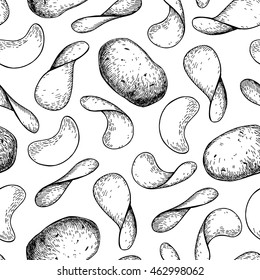 Potato Chips Vector Seamless Pattern. Hand Drawn Food Background. Drawing Whole Vegetable. Detailed Sketch Style Ornament