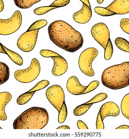 Potato chips vector seamless pattern. Hand drawn food background. Drawing chips and whole vegetable. Detailed artistic style ornament