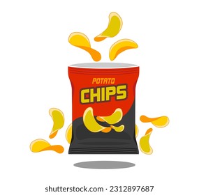 potato chips vector snack chips bag plastic packaging design illustration icon for food and beverage business, branding element logo vector. potato background falling, flying