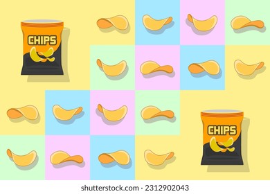 Potato chips vector snack chips flat design bag plastic packaging design illustration potato icon for food and beverage business, logo vector. potato background falling, flying