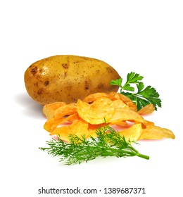 Potato chips whit green parsley low poly. Fresh, tasty potato. Tasty green parsley. Delicious and healthy lunch. Potato chips whit green parsley in triangulation technique. 
