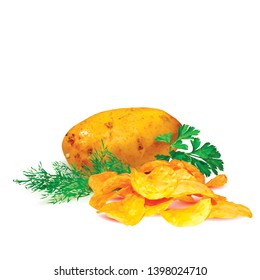 Potato chips whit green parsley low poly. Fresh, tasty potato. Tasty green parsley. Delicious and healthy lunch. Potato chips whit green parsley in triangulation technique. 