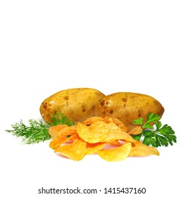 Potato chips whit green parsley low poly. Fresh, tasty potato. Tasty green parsley. Delicious and healthy lunch. Potato chips whit green parsley in triangulation technique. 