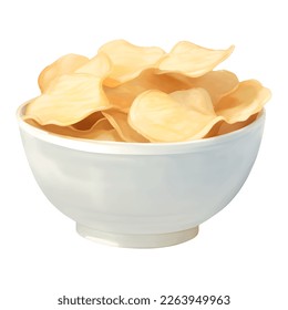 Potato Chips in a White Bowl Detailed Hand Drawn Painting Illustration