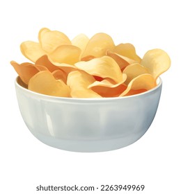 Potato Chips in a White Bowl Detailed Hand Drawn Painting Illustration