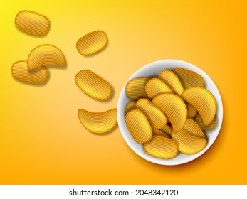 Potato Chips In White Bowl On Yellow Background. EPS10 Vector