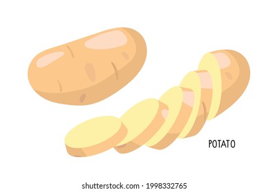 Potato. Chopped and Whole Root. Vector icon vegetable white potato. Agricultural market product. Foodstuff from grocery store. For logo, menu, farmers market, kitchen print, label, recipe design