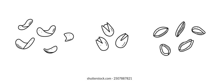 Potato crispy chips, dried or fried onion squid rings, snacks salted nuts in a shell, Pistachios doodle cartoon vector.