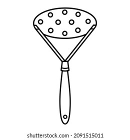 Icono vectorial del cruzado de la papa. Ilustración dibujada a mano aislada sobre fondo blanco. Utensilios de cocina para prensar verduras, alubias, bayas. Cubertería con agujeros. Esbozo monocromo, contorno simple.
