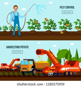 Potato cultivation flat compositions with pest control and agricultural vehicles during harvesting isolated vector illustration