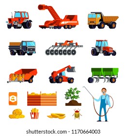 Potato cultivation flat icons set with plant and tubers pest control and agricultural vehicles isolated vector illustration