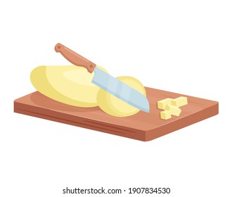Potato cutting process isometric vector illustration. Cartoon 3d knife processing raw peeled potato vegetable to make french fries, natural organic ingredient slices for cooking food isolated on white