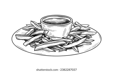 Kartoffelschüssel Skizze. Minimalistische Kreativität und Kunst. Französische Pommes frites zum Gericht mit Schüssel. Café oder Restaurant. Grafisches Element für Website. Lineare flache Vektorgrafik einzeln auf weißem Hintergrund