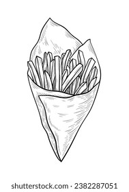 Potato dish sketch. Minimalistic creativity and art object. French fries in wrapping paper. Cafe or restaurant. Hand drawn picture. Linear flat vector illustration isolated on white background