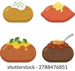 Potato dishes collection showcasing four delicious baked potatoes with a variety of appetizing toppings